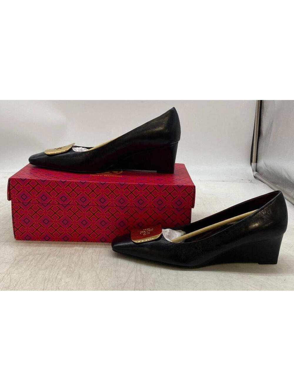 NEW $400 Tory Burch Georgia Wedge 55mm Black Goat Leather Size 10.5